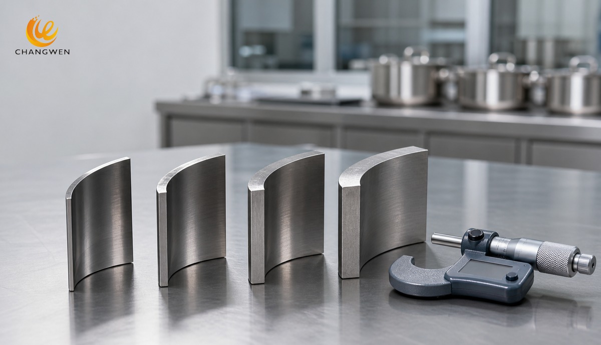 Four stainless steel wall samples of increasing thickness beside a micrometer
