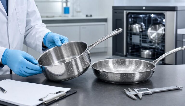 Quality inspector examining dishwasher-safe stainless steel cookware