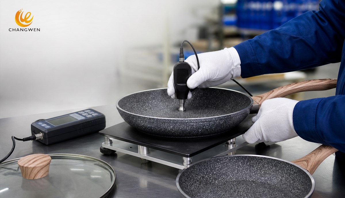 Quality control inspection of granite-look coated cookware