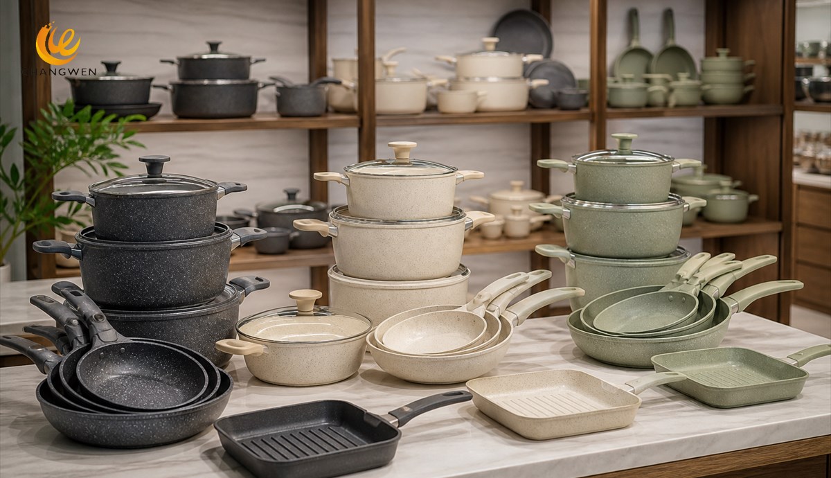 Granite cookware retail assortment in coordinated neutral colors