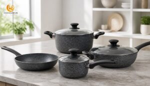 Coordinated granite-look cookware collection for wholesale retail programs