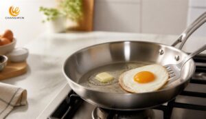 Cooking a fried egg in a stainless steel frying pan without sticking