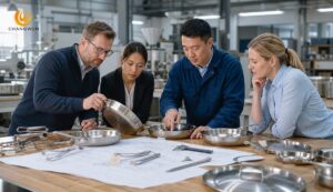 Procurement team comparing cookware manufacturer trial samples in a factory