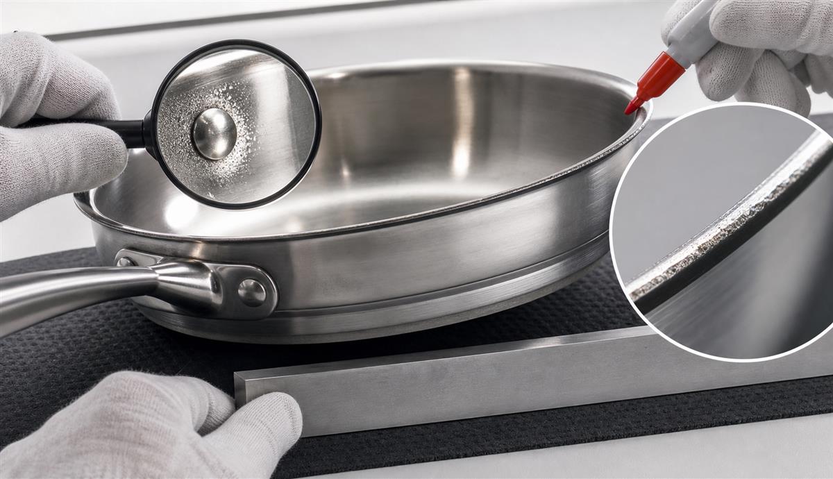 Inspecting stainless steel cookware for pitting, rim damage and base flatness