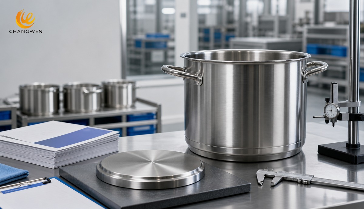 Stainless steel stockpot undergoing rim, base, and dimensional quality inspection