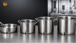 Four stainless steel cookware bodies representing 0.5 mm, 0.8 mm, 1.0 mm, and 1.2 mm thickness options