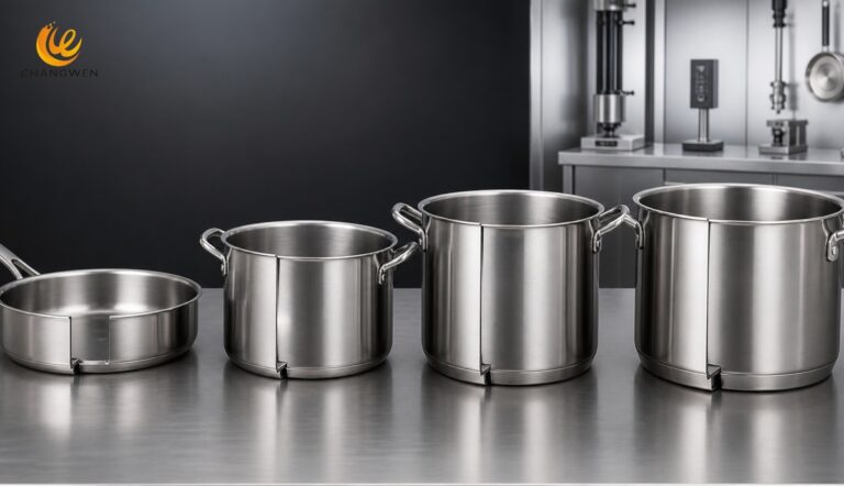 Four stainless steel cookware bodies representing 0.5 mm, 0.8 mm, 1.0 mm, and 1.2 mm thickness options