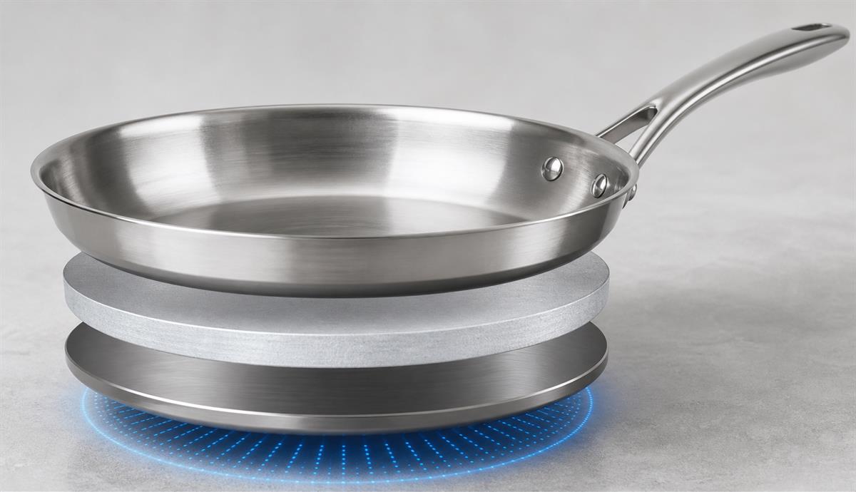 Three-layer induction pan with stainless steel interior, aluminum core and magnetic 430 base