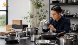 Buyer comparing cookware manufacturer capabilities and samples