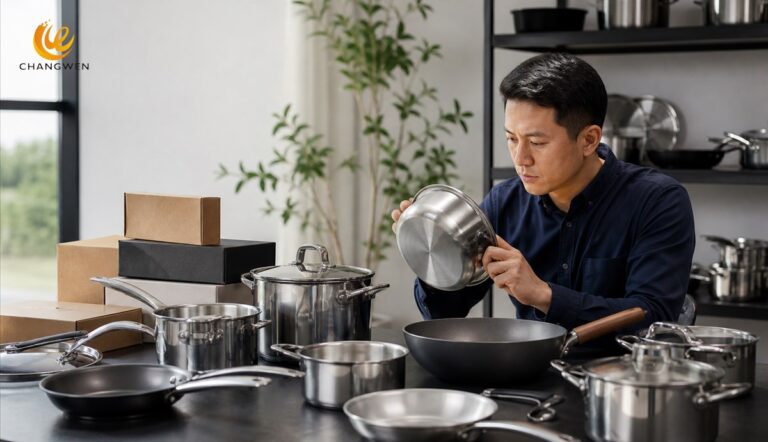 Buyer comparing cookware manufacturer capabilities and samples