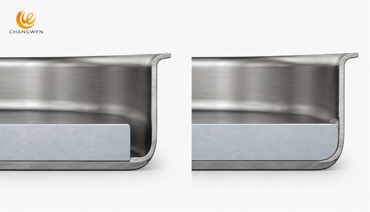 Conceptual cookware base sections comparing a recessed conductive core with wider core coverage