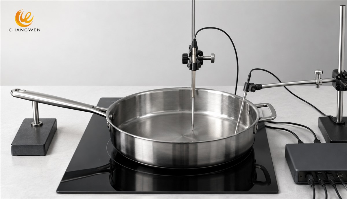 Conceptual contact temperature probe setup at the center and perimeter of a stainless steel pan