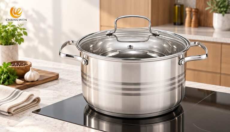 Stainless steel capsule bottom stockpot on an induction hob in a modern kitchen