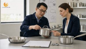 Illustration of a buyer and quality engineer reviewing a stainless steel cookware approval sample