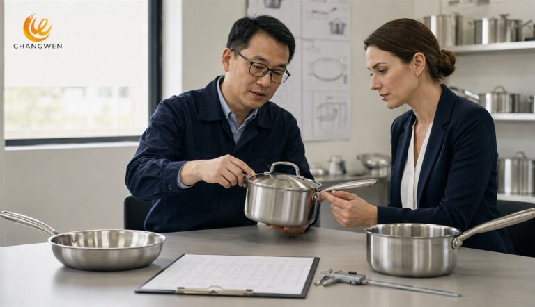 Illustration of a buyer and quality engineer reviewing a stainless steel cookware approval sample