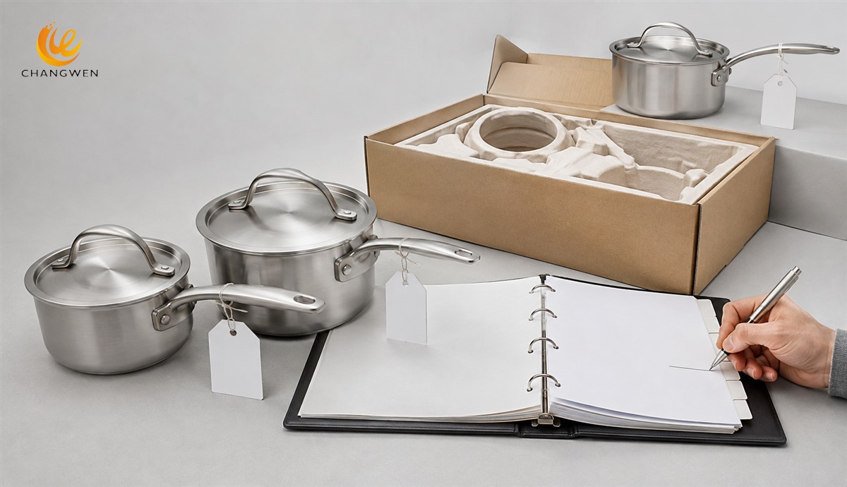 Illustrative tagged cookware reference samples with approval documents and protective packaging