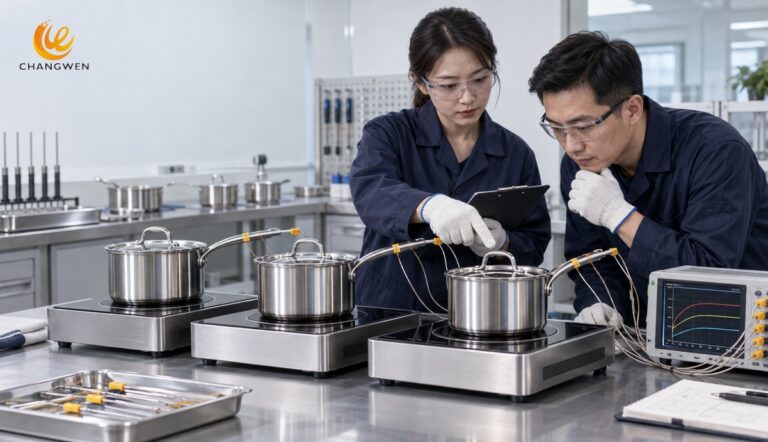 Chinese quality engineers comparing cookware handle temperatures with thermocouples