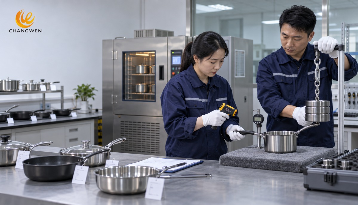 Chinese inspectors checking cookware handle temperature and strength after thermal cycling