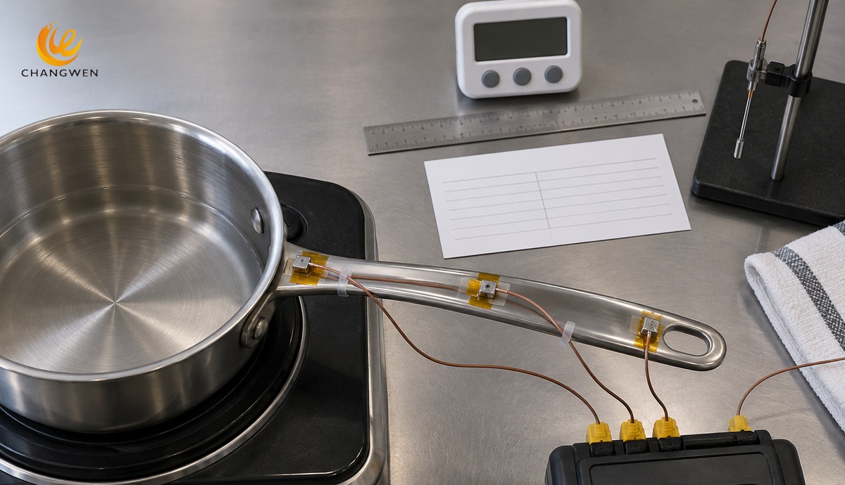 Thermocouples attached at the root, center, and end of a stainless steel cookware handle