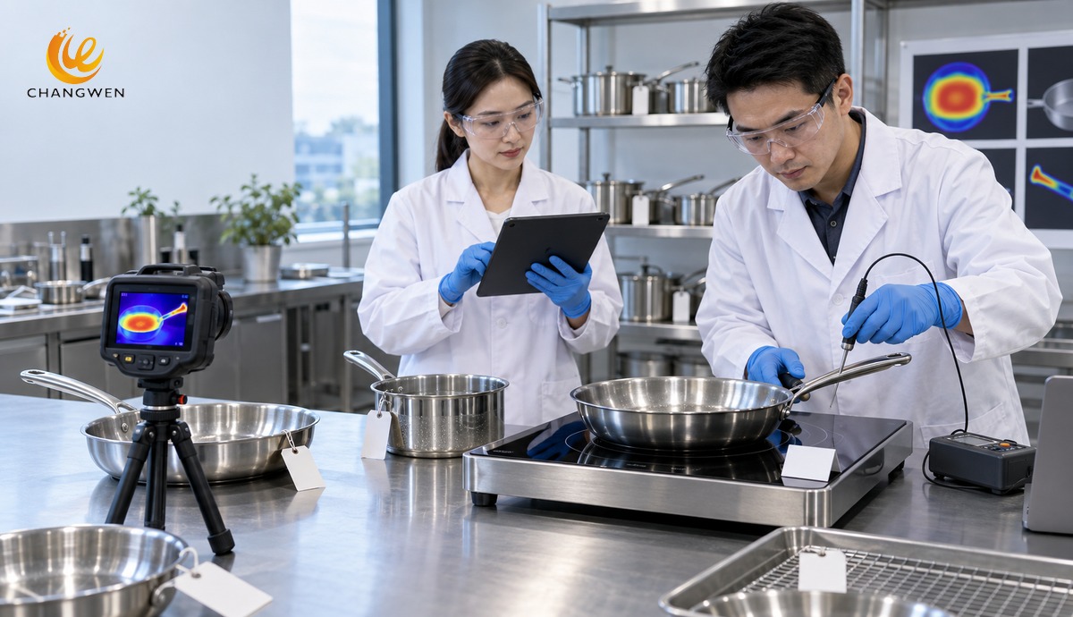 Chinese quality engineers validating stainless steel cookware heating and handle temperature