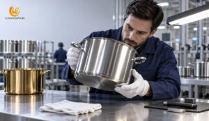 Quality inspector examining polished stainless steel cookware under controlled light