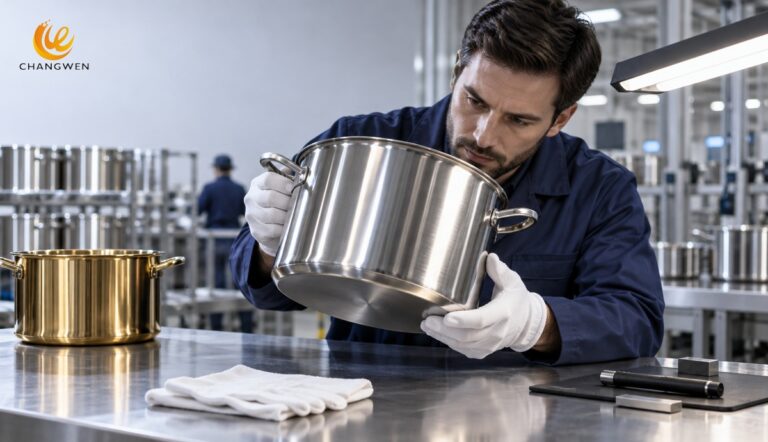 Quality inspector examining polished stainless steel cookware under controlled light