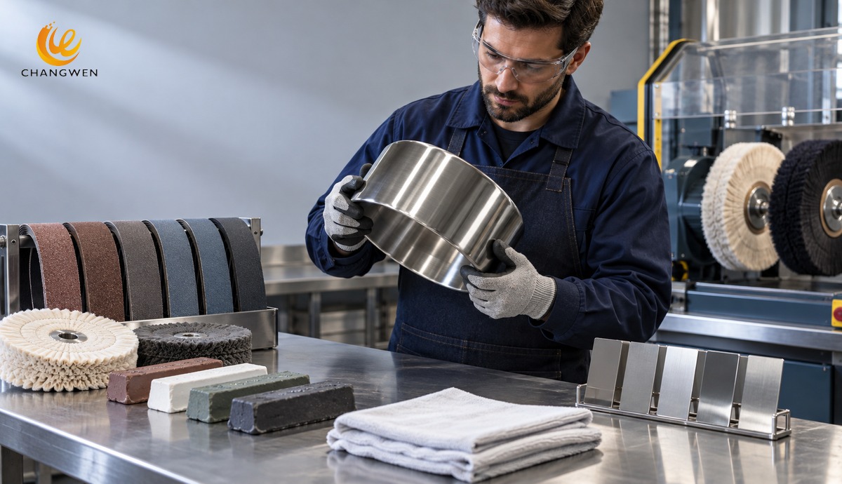 Cookware polishing process control with abrasive stages and reference coupons