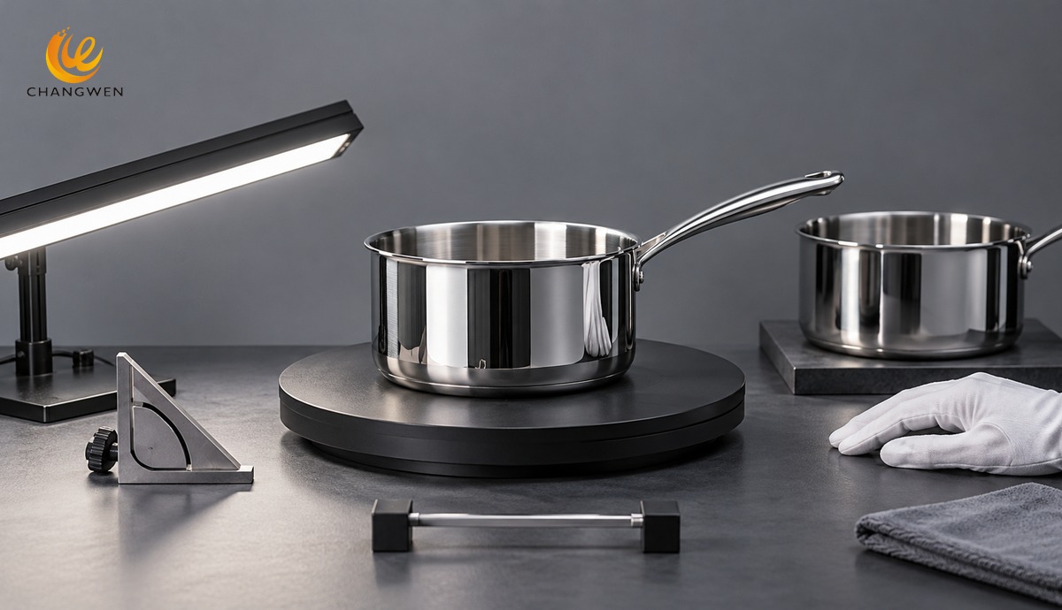 Controlled raking-light station for polished cookware inspection