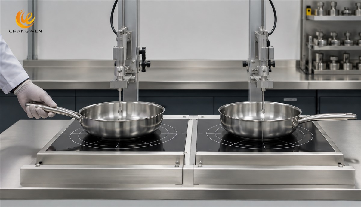Illustrative cookware rotation diagnostic with handles in opposite orientations