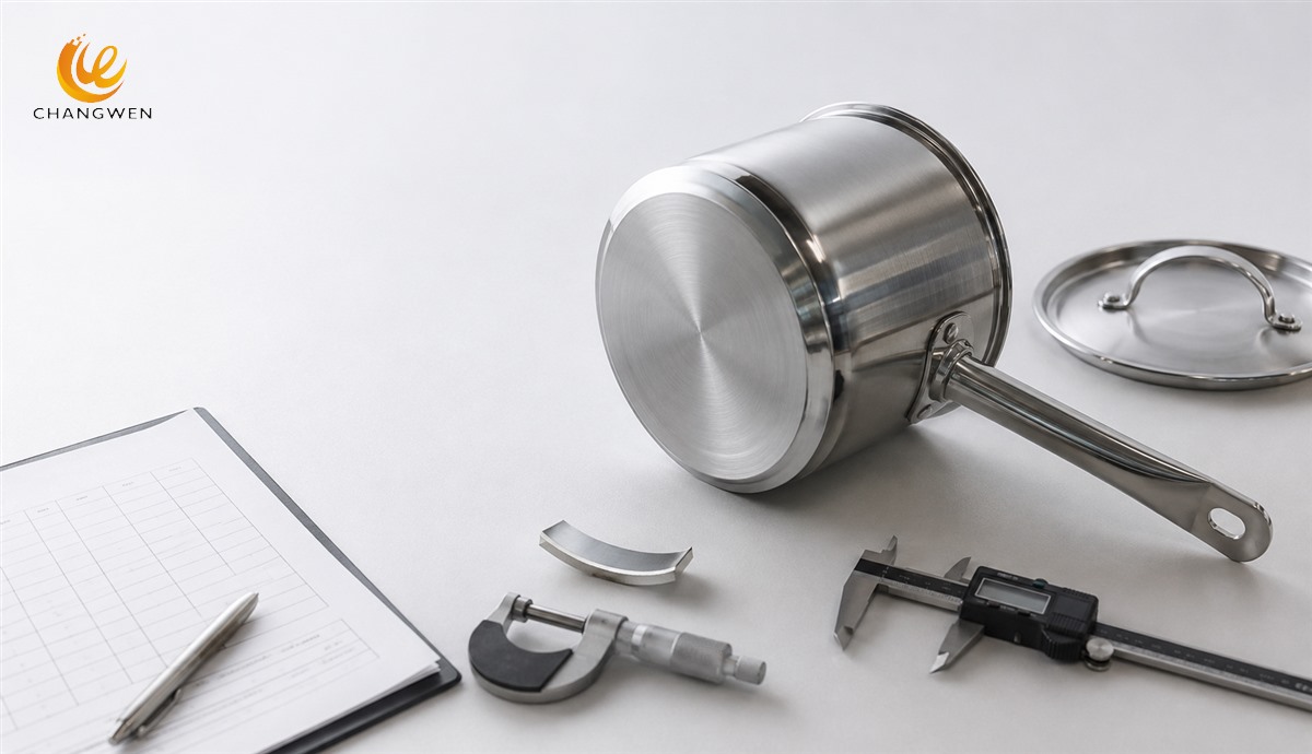 Illustrative stainless steel saucepan with dimensional inspection tools and a sample coupon