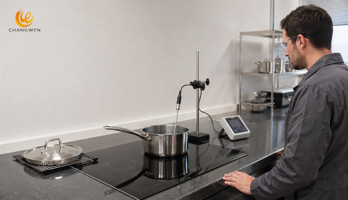 Illustrative controlled cookware heating evaluation with a saucepan and temperature probe