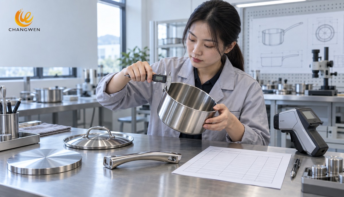 Chinese cookware engineer measuring a stainless steel saucepan during specification development