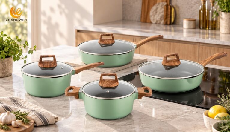 Sage green die cast aluminum cookware set in a modern kitchen