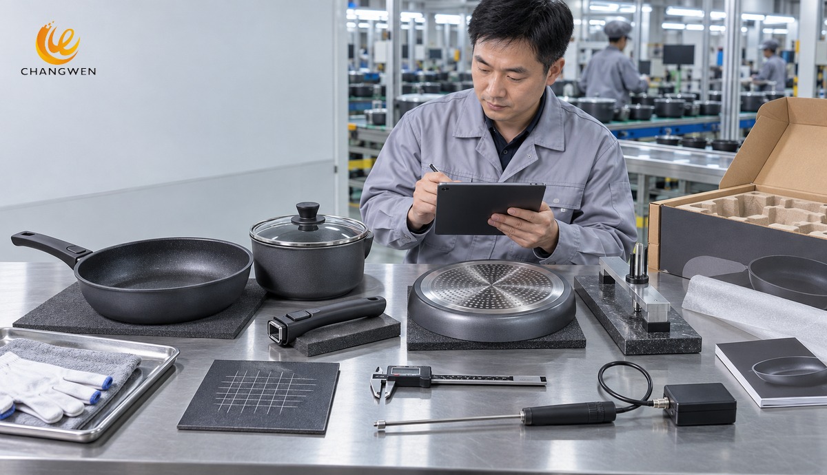 Chinese quality engineer checking finished die cast aluminum cookware
