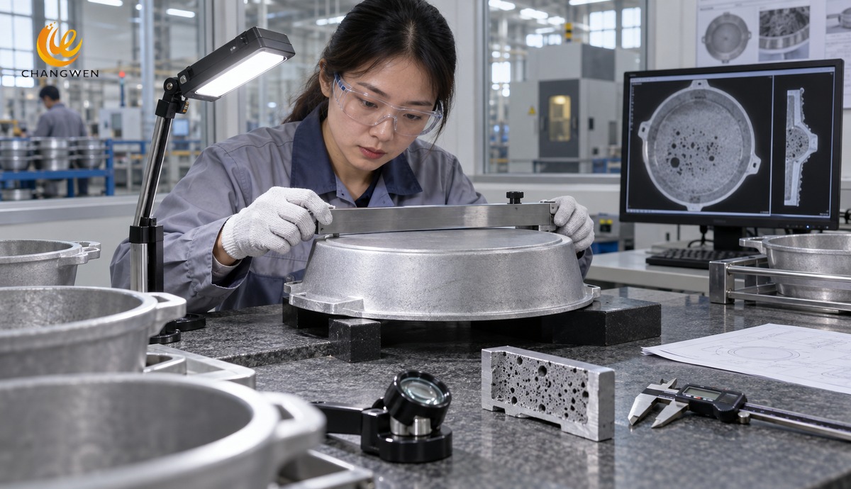 Chinese quality engineer inspecting a die cast aluminum cookware body
