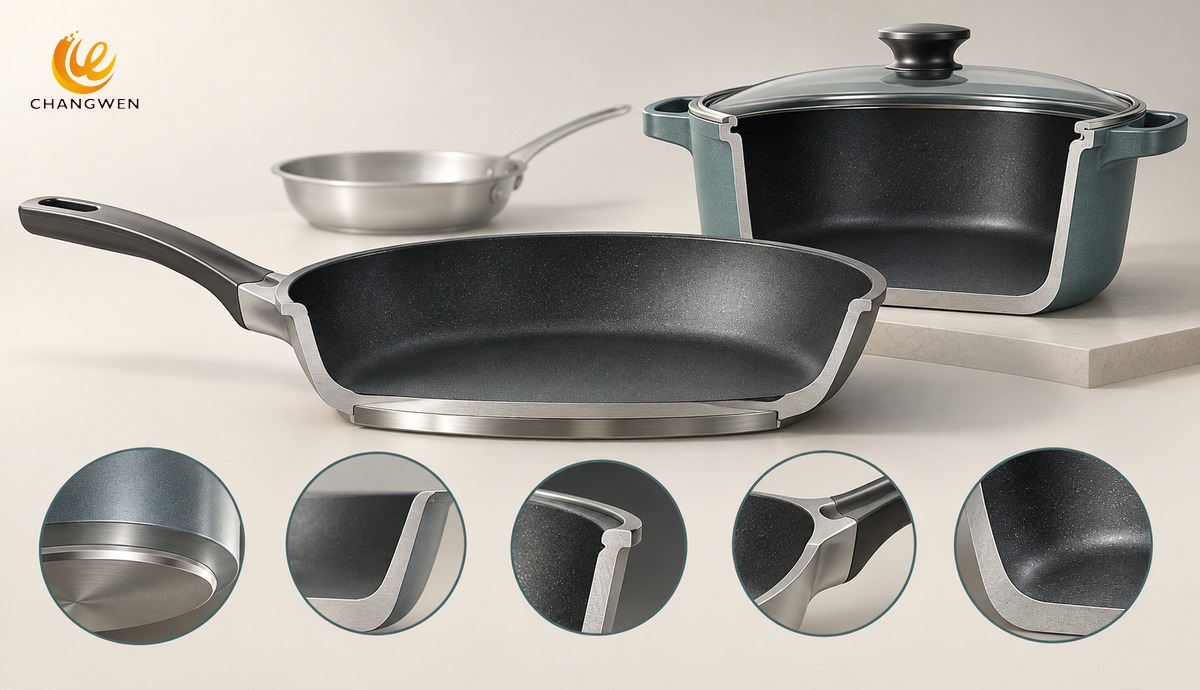 Cutaway view of die cast aluminum cookware structure and induction base