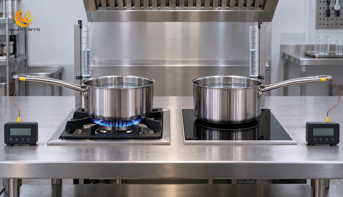 Matched cookware handle temperature tests on gas and induction cooktops