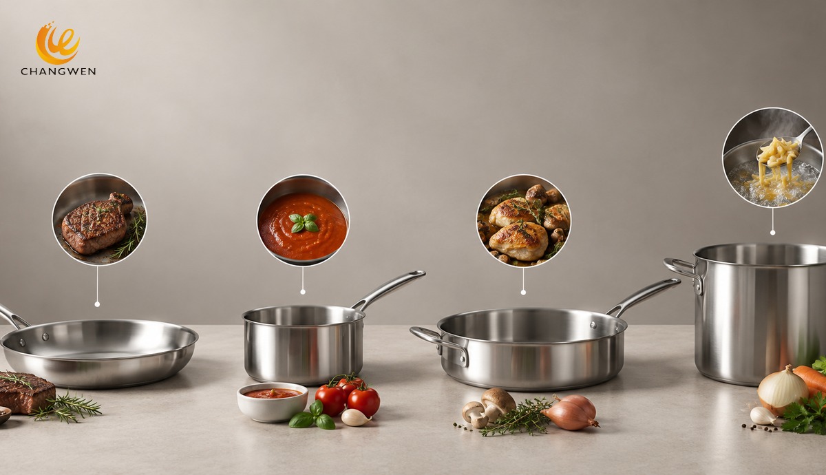 Stainless steel frying pan, saucepan, saute pan, and stockpot matched to different cooking tasks