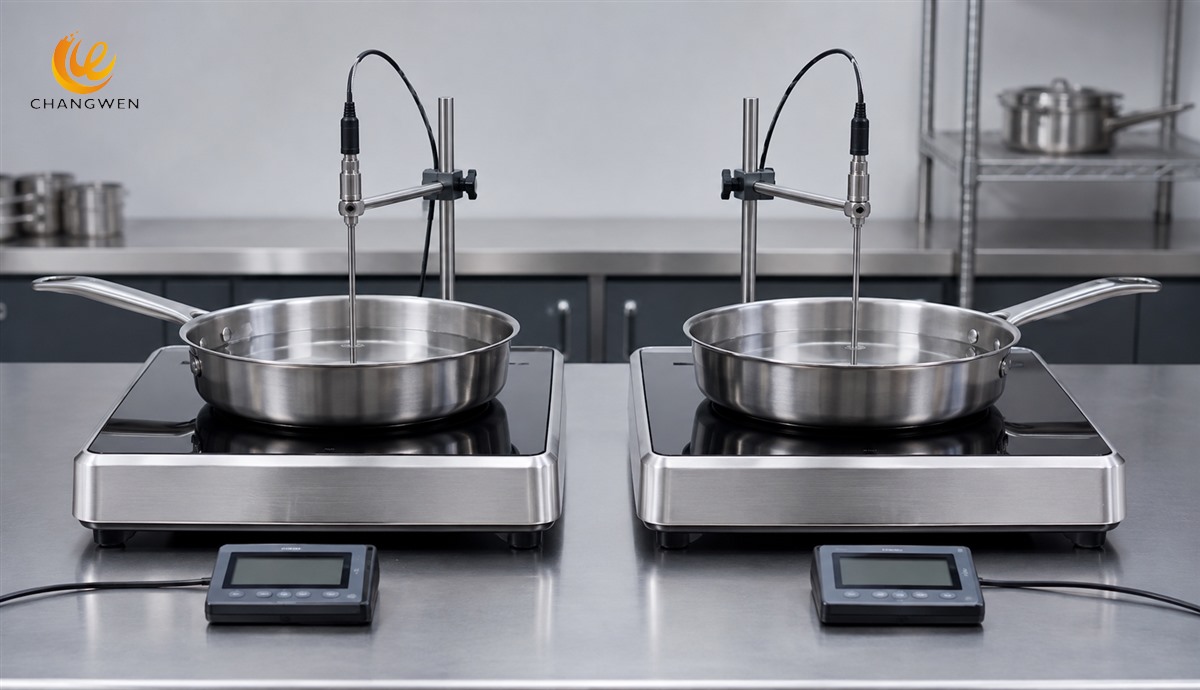 Illustrative matched cookware heating comparison on identical laboratory stations