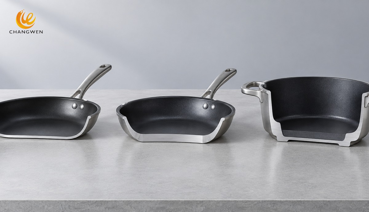 Cutaway comparison of stamped forged and die cast nonstick aluminum cookware bodies