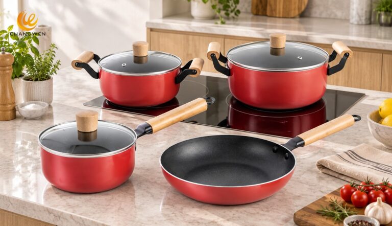 Red nonstick aluminum cookware set with glass lids and wood handles in a modern kitchen
