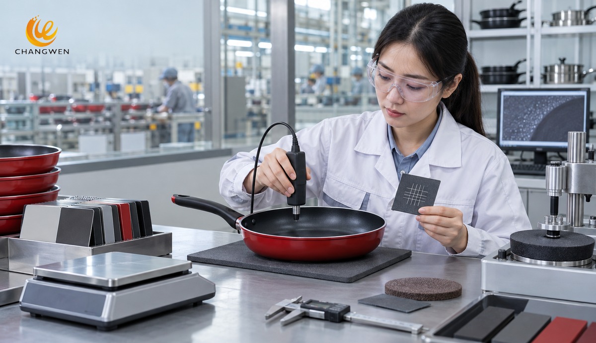 Chinese quality engineer checking coating thickness and adhesion on a red aluminum frying pan