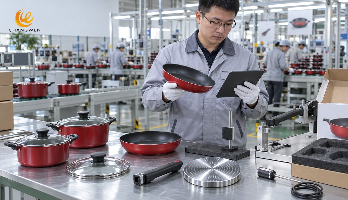 Chinese quality engineer inspecting red nonstick aluminum cookware before shipment