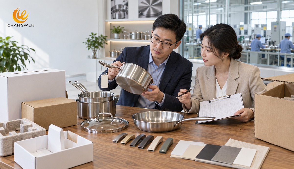 Chinese private label cookware team approving a golden sample and protective packaging