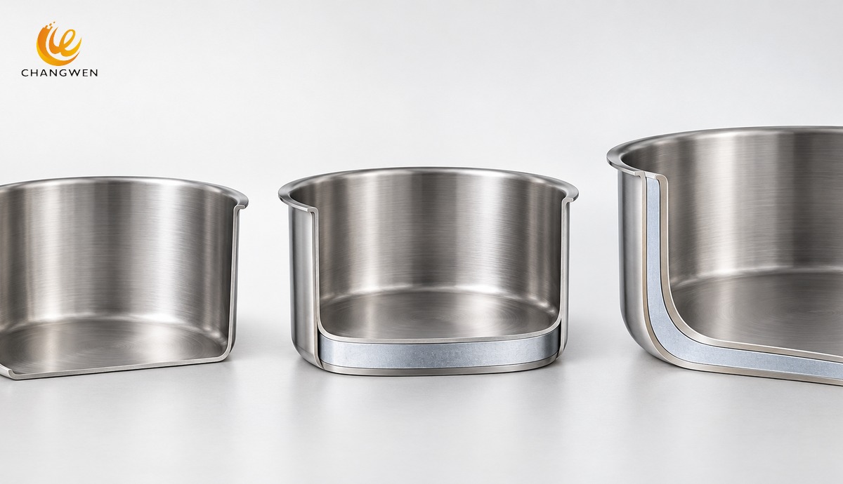 Conceptual cutaway comparison of single-wall, encapsulated-base, and fully clad stainless steel cookware