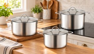 Three stainless steel stockpots with glass lids in a bright home kitchen