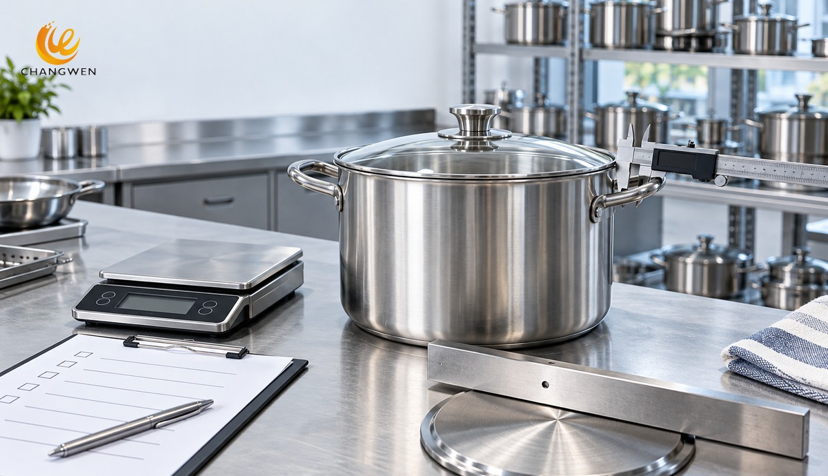Stainless steel cookware sample inspection with caliper, straightedge, scale, and checklist