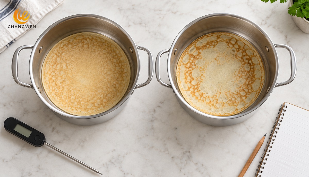 Illustrative side-by-side cookware heat comparison with two stainless steel pots and a thermometer