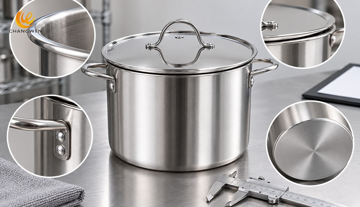 Illustrative inspection of stainless steel pot rim, rivets, lid fit and flat base beside a caliper