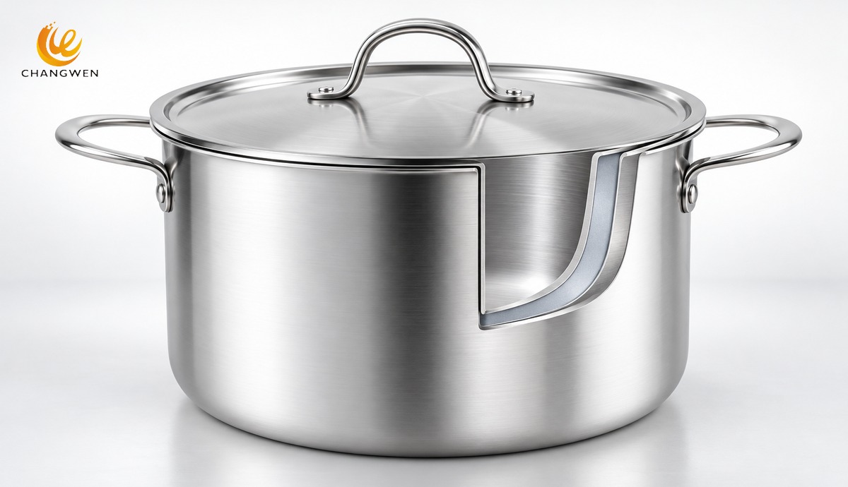 Illustrative cutaway of a stainless steel pot showing a steel exterior, aluminum core and steel interior